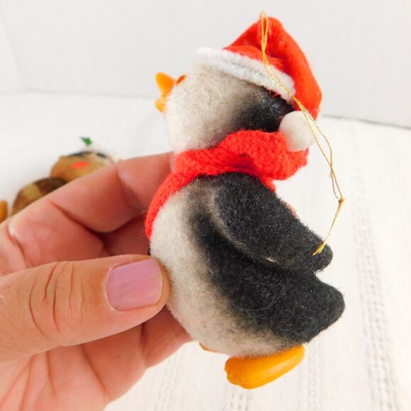 Flocked Christmas Ornaments, Lot of 3 Vintage 1960s Japan Raccoon Mouse Penguin - Picture 5 of 9